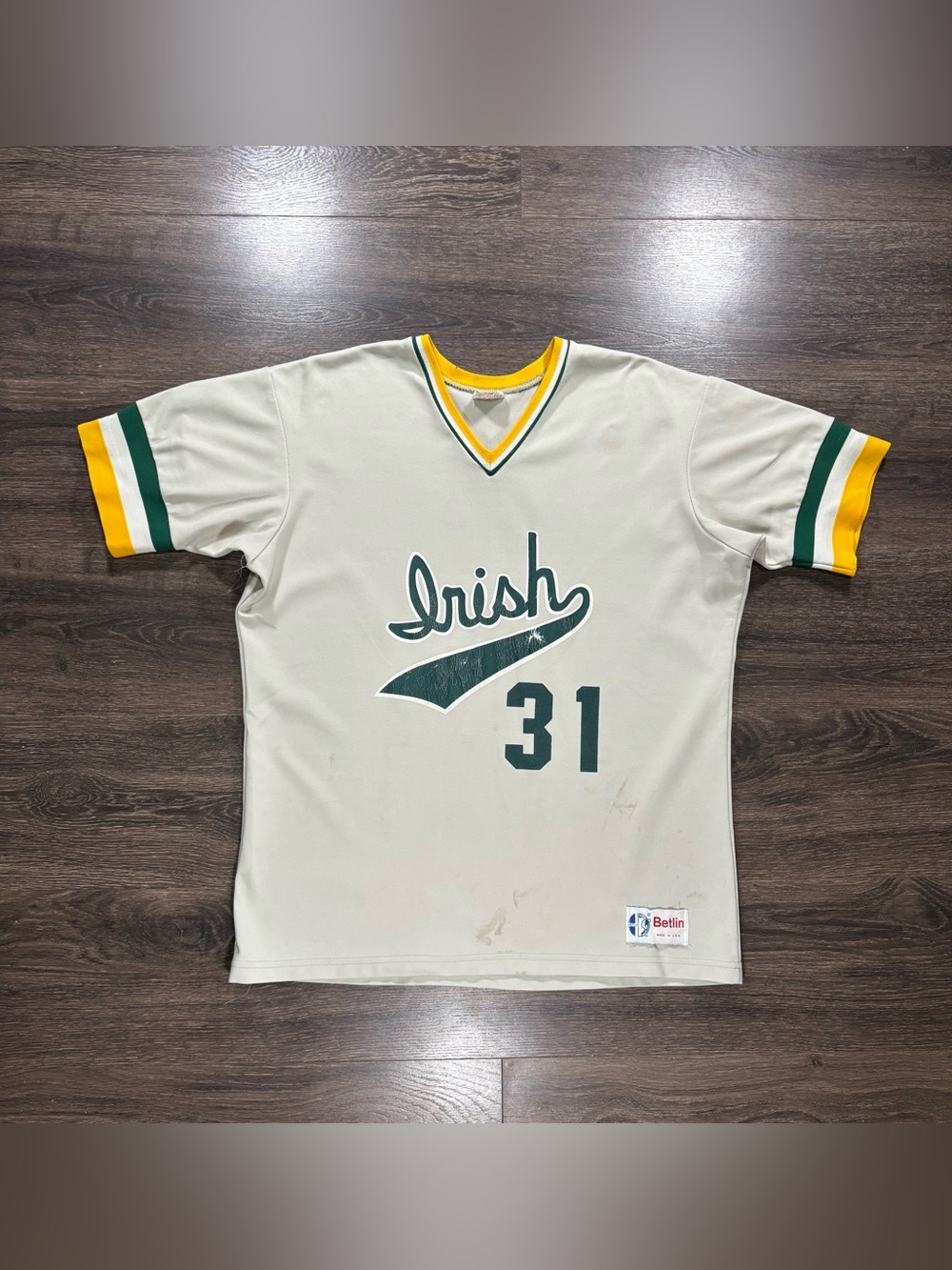 Vintage Irish V-Neck Baseball Shirt in Cream and Green